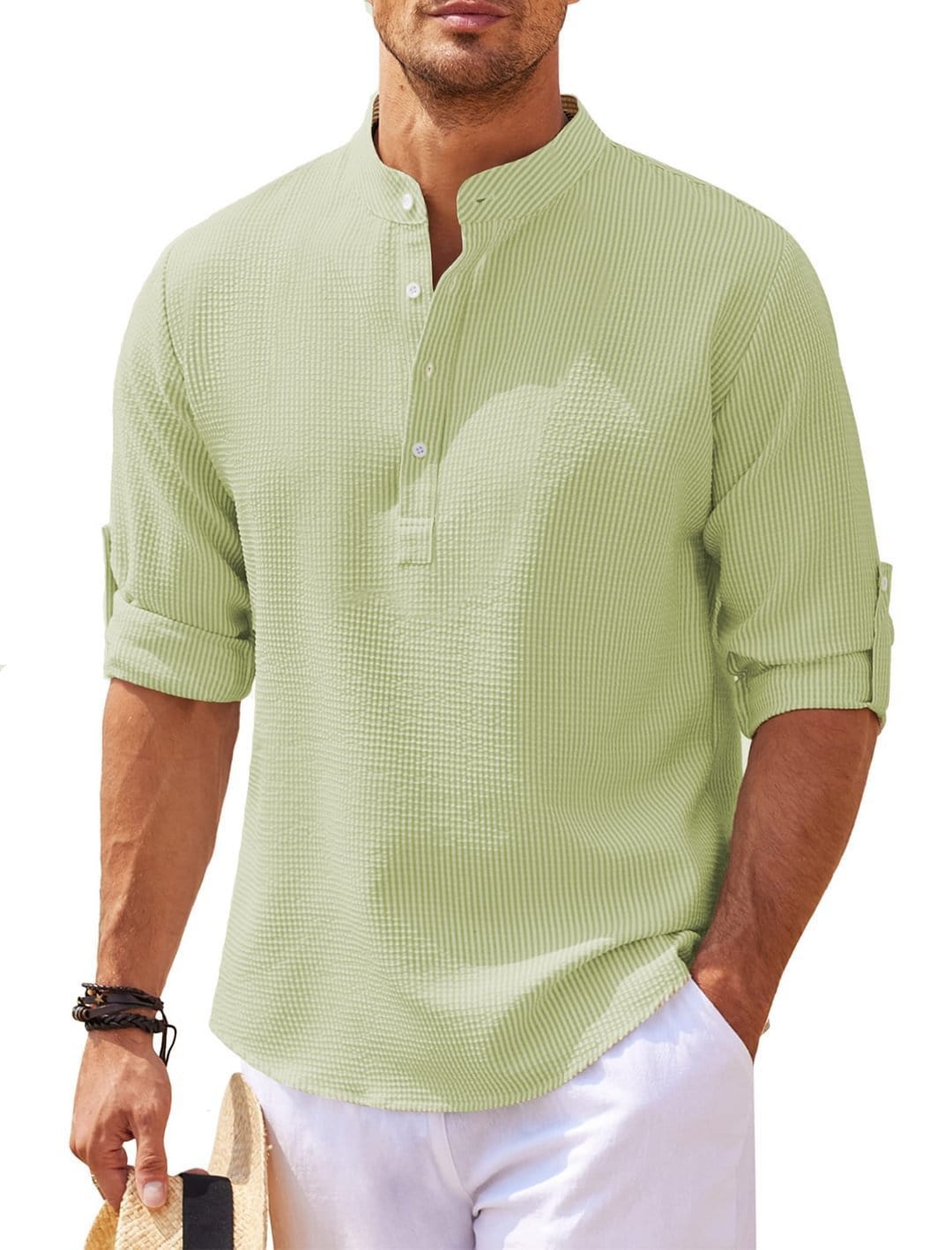 Men's Casual Shirt Long Sleeve Stand Collar Solid Color Shirt Mens Clothing