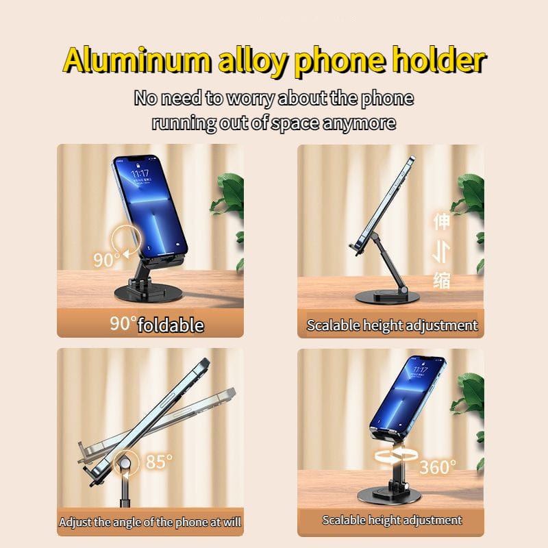 Foldable Phone Stand For Desk - Height Adjustable Cell Phone Holder Portable Cellphone Cradle Desktop Dock Metal Base 360 Degree Rotatable Compatible With Phone Tablet PC.