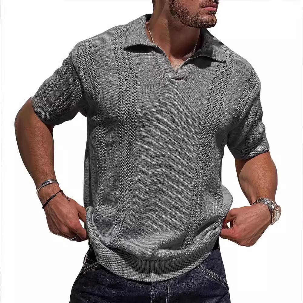 Polo tricoté à manches courtes et col en v pour hommes, mode européenne et américaine, ajouré