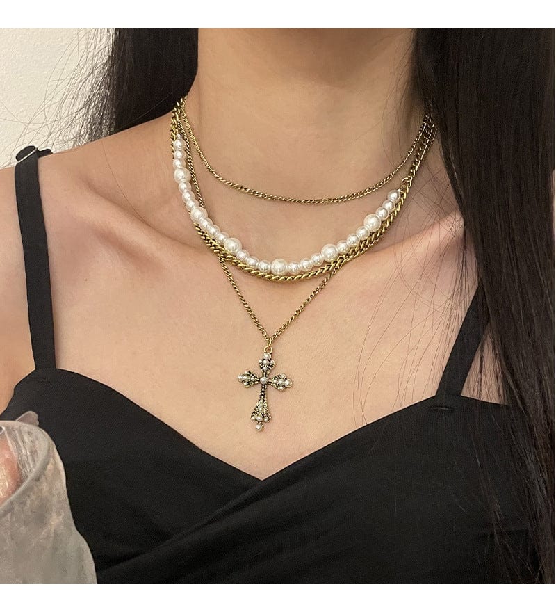 Collier avec pendentif en croix de perles multicouches personnalisé pour femmes, chaîne de clavicule, de tempérament, bijoux, accessoires, cadeaux