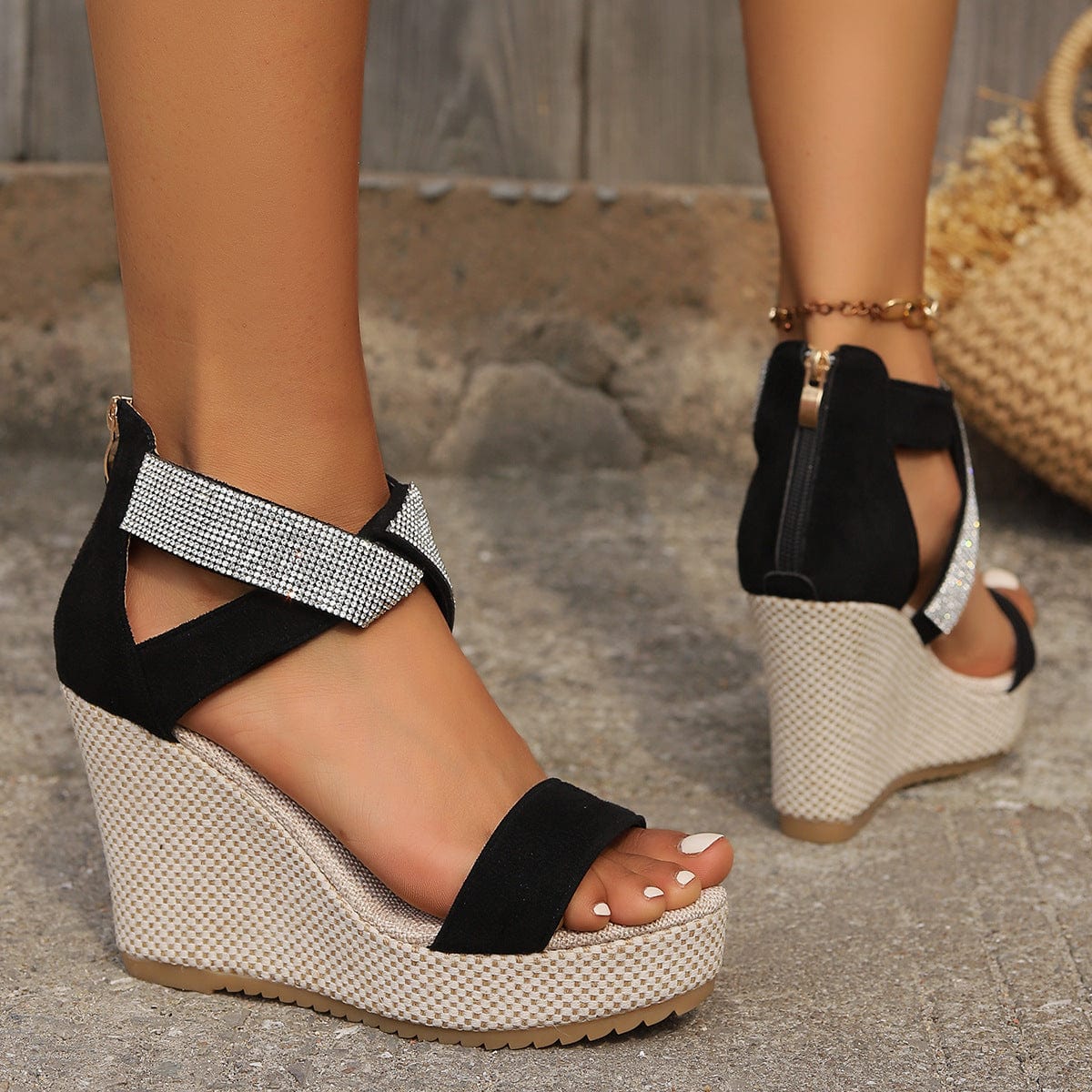 Fish Mouth High Wedges Sandals With Rhinestone Design Fashion Summer Platform Shoes For Women