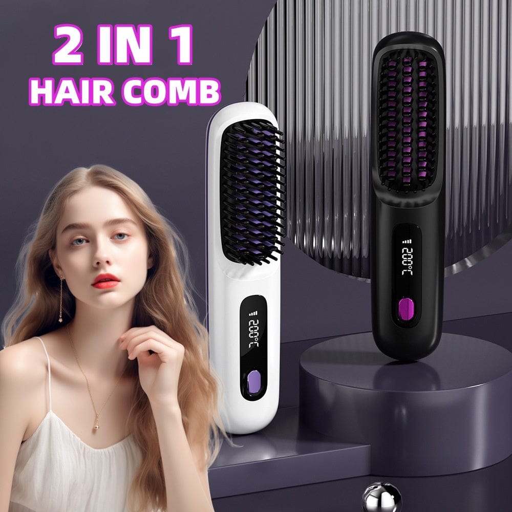 Peigne à cheveux lisse 2 en 1, brosse à lisser sans fil, chauffage rapide, bigoudi chaud Portable, chargeur USB