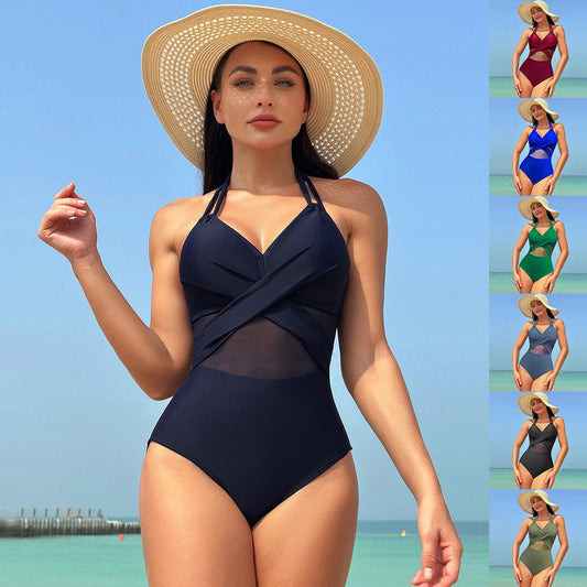 Traje de baño de una pieza con cuello Halter, Bikini de malla con diseño de tiras cruzadas de Color sólido para verano, ropa para vacaciones en la playa