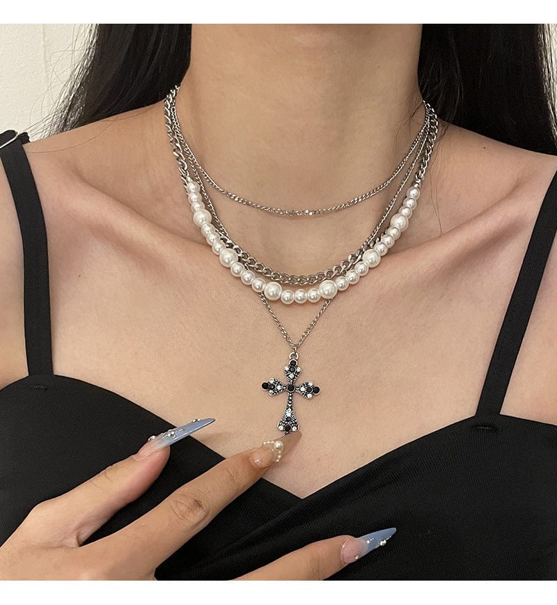 Collier avec pendentif en croix de perles multicouches personnalisé pour femmes, chaîne de clavicule, de tempérament, bijoux, accessoires, cadeaux