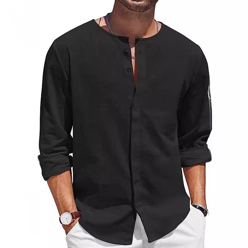 Camiseta de lino y algodón para hombre, cuello decorado con botones, camisa de playa informal