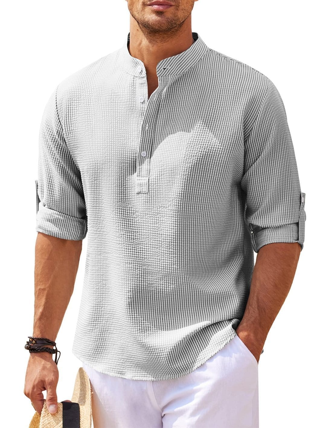 Camisa casual para hombre Camisa de color sólido con cuello alto de manga larga Ropa para hombre