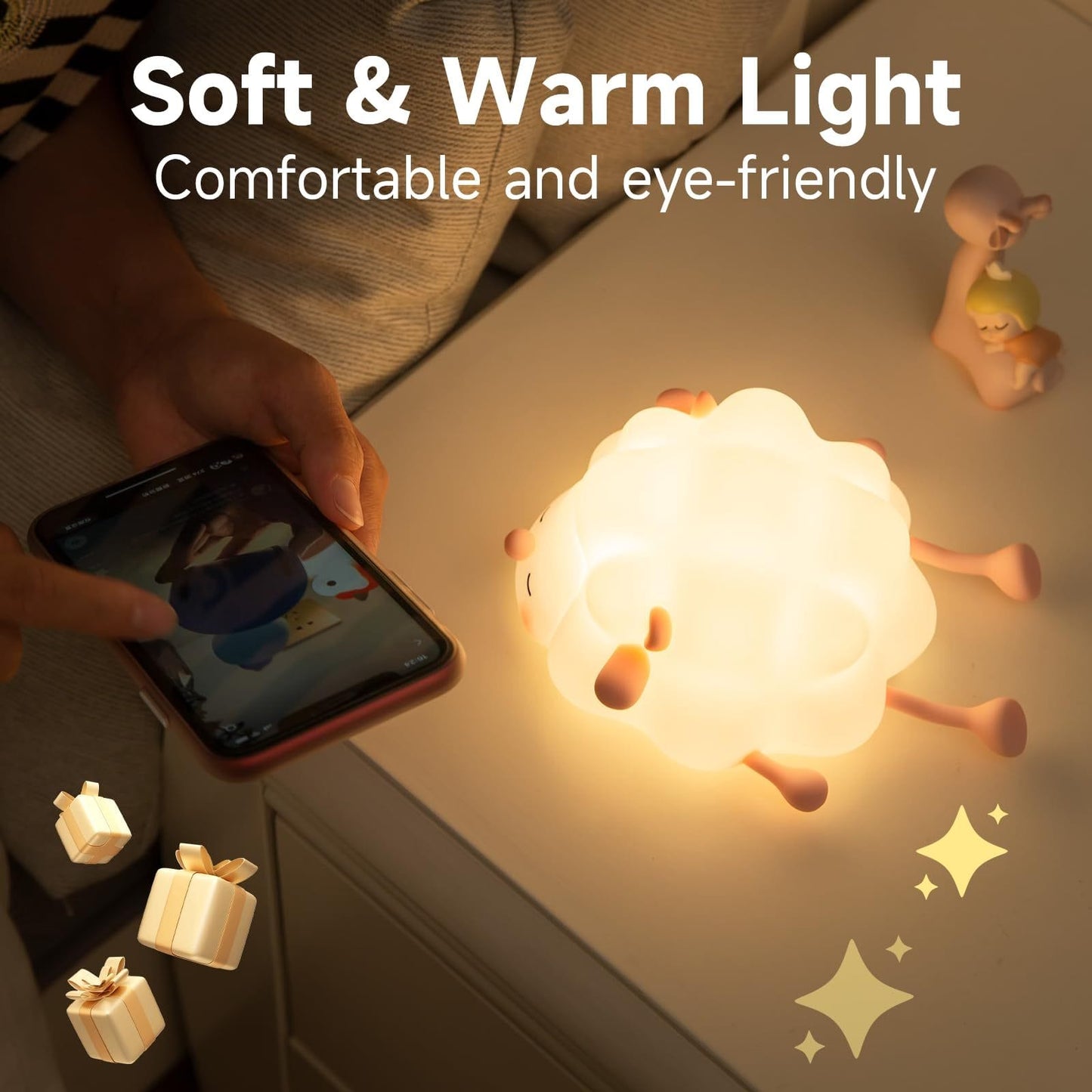 Bonitas luces nocturnas de silicona, lámpara de dormitorio con dibujos de ovejas para decoración de habitación de niños, luz nocturna con atenuación y temporizador recargable